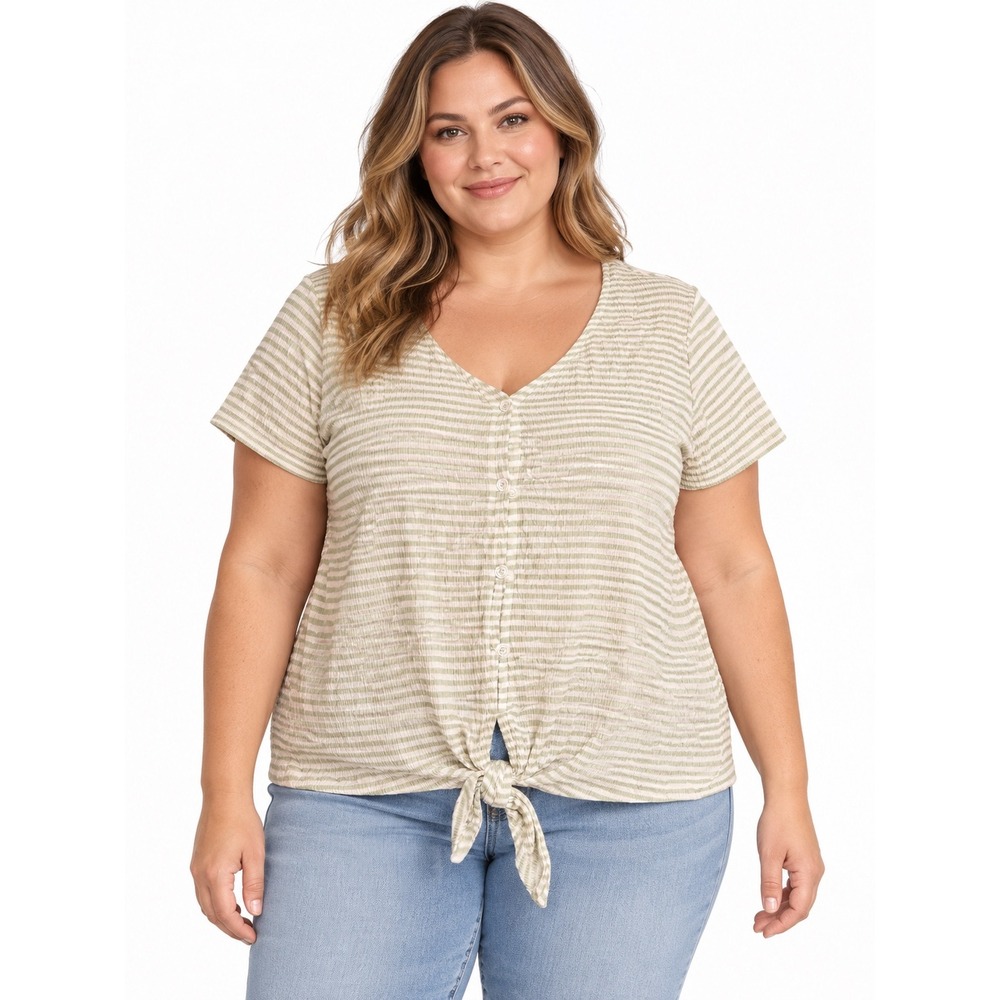 NWT Berkley Jensen Celadon Green Striped Crinkle Knit Tie Front Top XXL